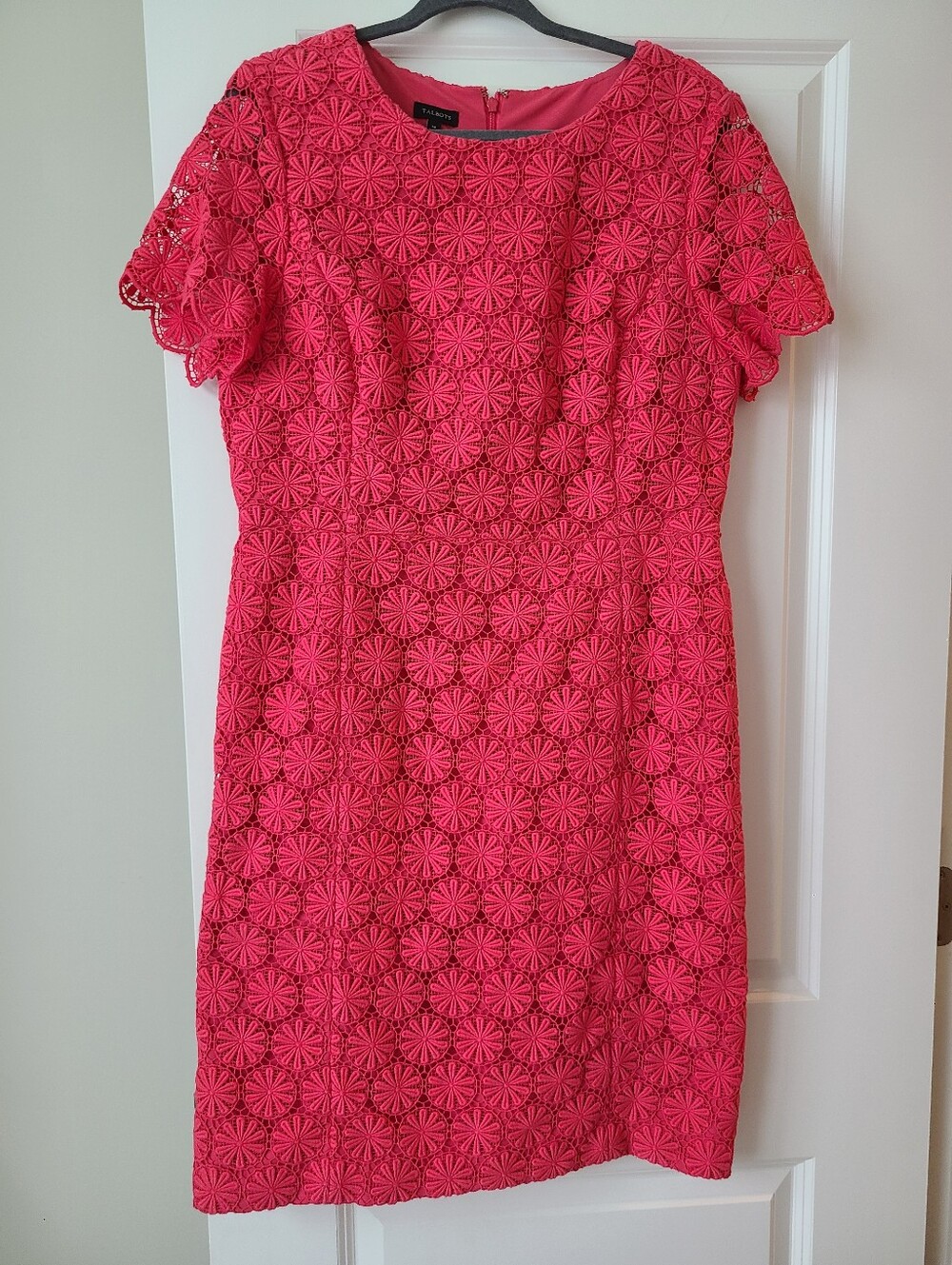 Talbots Coral Pink Floral Crochet Overlay Sheath Dress